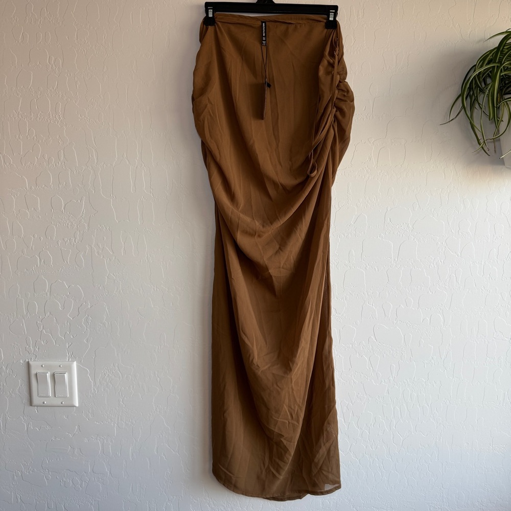 PrettyLittleThing Brown Chiffon Maxi Beach Skirt Size US 8 NWT Ruched Mesh Sheer